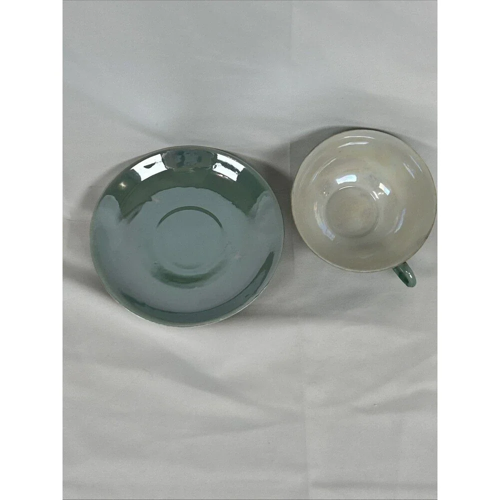 Vtg Lot Hand painted Japan Green Opal Lusterware Cups Saucers Sugar Bowl W/ Lid